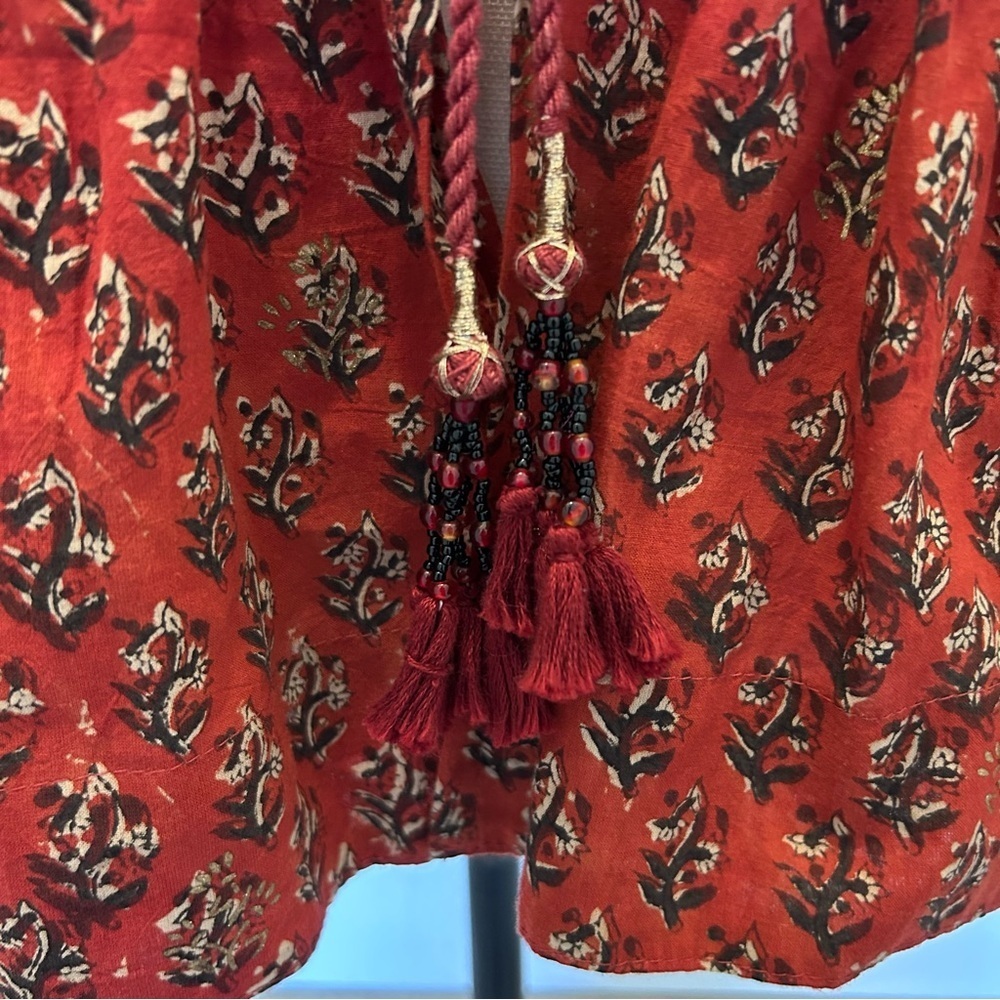Anohki Red Peplum Tie Front Cotton Blouse with Tassels SZ M - Picture 4 of 6
